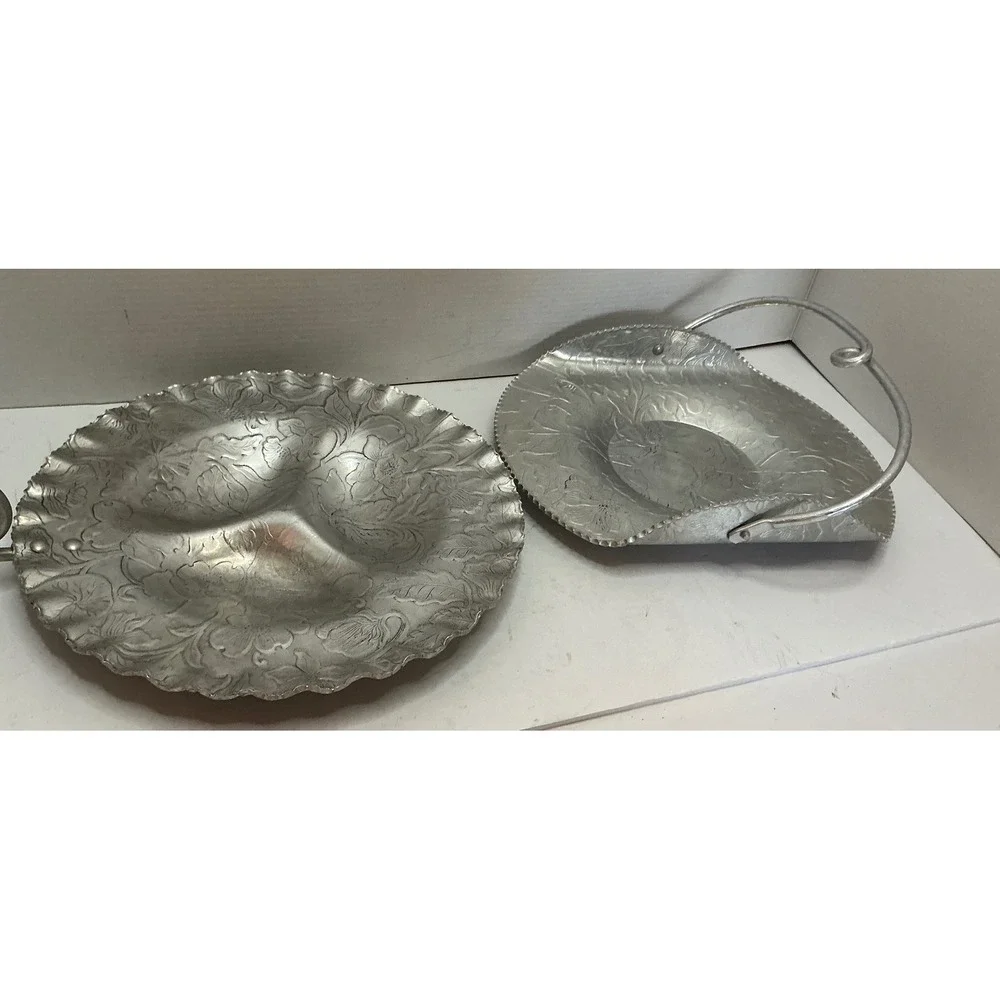 Vintage Aluminum Serving Set Floral Hammered Metal Trays Mid Century